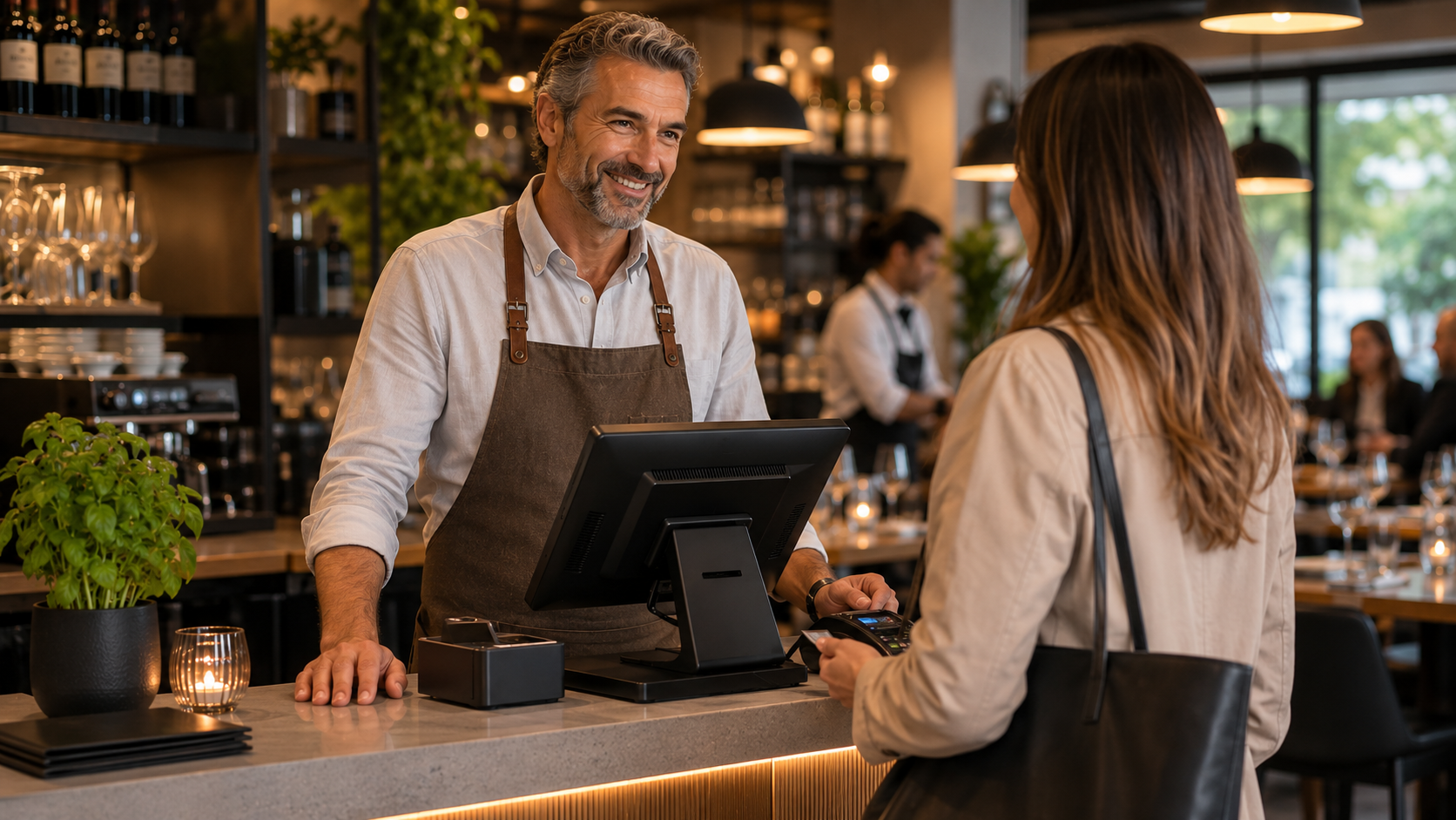 Un cliente che effettua il pagamento in autonomia tramite una cassa automatica dal design moderno in un ristorante italiano, con lo staff di sala che assiste sorridente sullo sfondo