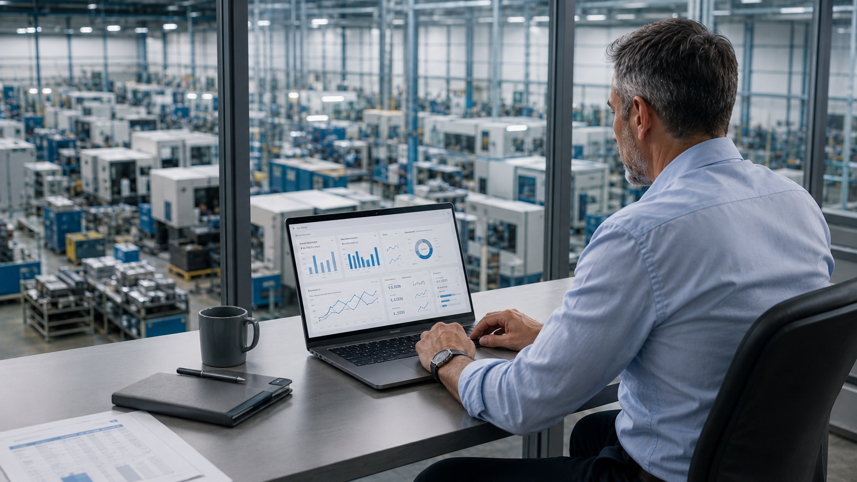 CFO e titolare di azienda manifatturiera analizzano grafici di performance e indici di bilancio attraverso un software di controllo di gestione